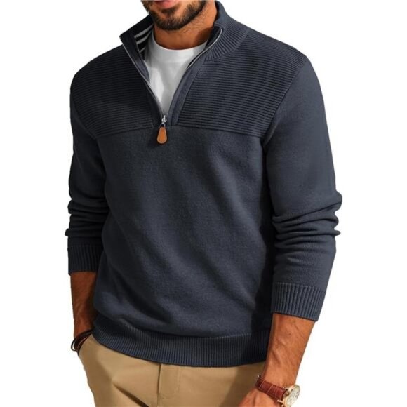 Men's Quarter Zip Sweater Slim Fit Casual Pullover Sweater Mock - Picture 1 of 6